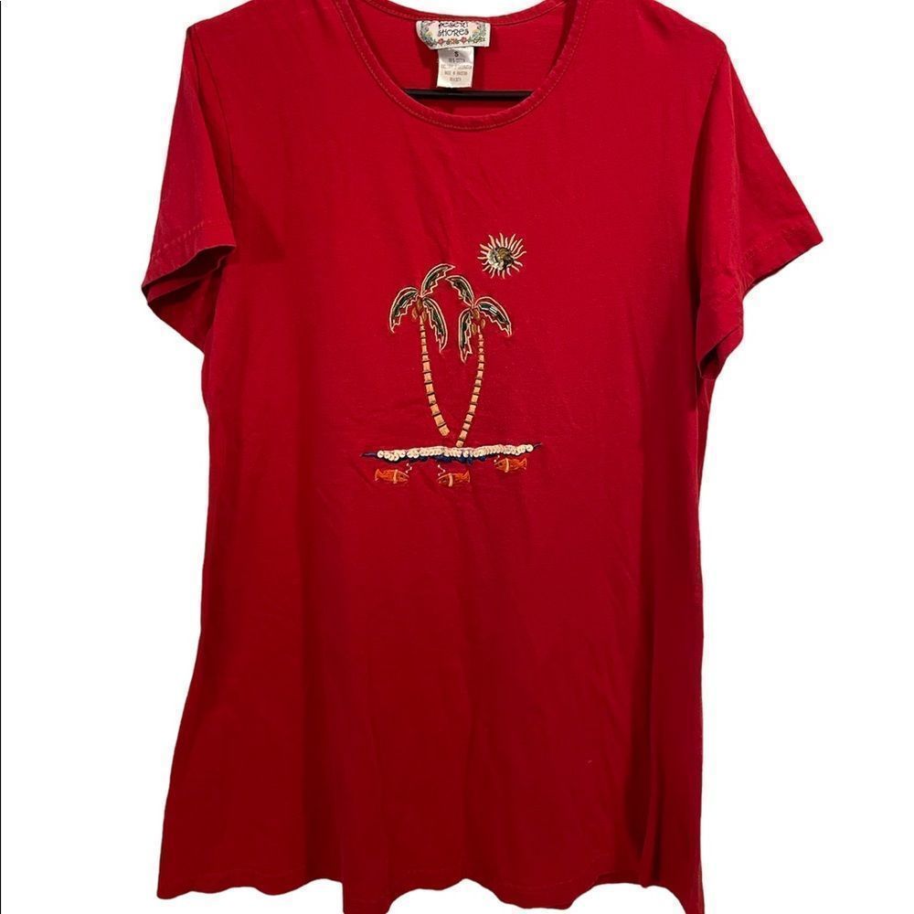 Desert Shores Vintage Red Sequin Beaded Embroidered Beach T Shirt Mini Dress